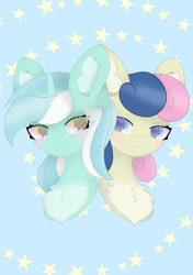 Size: 2533x3589 | Tagged: safe, artist:sodapop sprays, bon bon, lyra heartstrings, sweetie drops, pony, unicorn, g4, bust, chest fluff, duo, duo female, ear fluff, female, high res, portrait, simple background, ych example, your character here