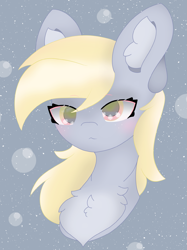 Size: 1765x2354 | Tagged: safe, artist:sodapop sprays, derpy hooves, pegasus, pony, g4, bubble, bust, chest fluff, commission, ear fluff, portrait, simple background, solo, ych result