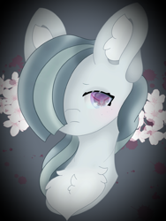Size: 1740x2320 | Tagged: safe, alternate version, artist:sodapop sprays, marble pie, earth pony, pony, g4, bust, chest fluff, code geass, commission, crossover, ear fluff, geass, portrait, sad, simple background, solo, ych result