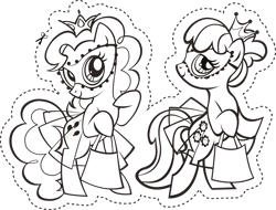 Size: 2628x2000 | Tagged: safe, cheerilee, pinkie pie, earth pony, pony, g4, official, .svg available, bag, bipedal, black and white, clothes, coloring page, crown, dotted line, duo, duo female, female, grayscale, high res, jewelry, lidded eyes, mare, mask, monochrome, regalia, simple background, skirt, svg, transparent background, vector
