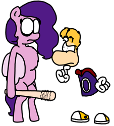 Size: 3023x3351 | Tagged: safe, artist:professorventurer, pipp petals, pegasus, pony, series:ask pippamena: bonus content, g5, baseball bat, chest fluff, crossover, duo, duo male and female, female, high res, joke, male, pippamena, rayman, simple background, weapon, white background