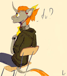 Size: 1043x1169 | Tagged: safe, artist:lake_reu, oc, oc only, oc:lakos, unicorn, anthro, brown background, chair, clothes, female, hoodie, simple background, solo