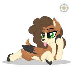 Size: 3000x3000 | Tagged: safe, artist:r4hucksake, oc, oc only, oc:sycamore, deer, deer pony, original species, peryton, doe, female, high res, lying down, prone, simple background, solo, tongue out, transparent background