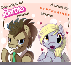 Size: 1300x1200 | Tagged: safe, artist:candy meow, derpy hooves, doctor whooves, time turner, earth pony, pegasus, pony, g4, barbenheimer, barbie, barbie (film), cheek fluff, derp, duo, ear fluff, female, floating heart, heart, male, mare, meme, necktie, oppenheimer, spread wings, stallion, talking, text, wing fluff, wings