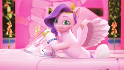 Size: 1925x1083 | Tagged: safe, artist:makaryo, pipp petals, pegasus, pony, g5, 3d, barbie, barbie (film), car, corvette, female, looking at you, mare, smiling, smiling at you, solo, spread wings, wings