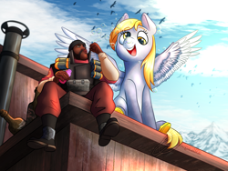 Size: 4000x3000 | Tagged: safe, artist:lycantrin, derpy hooves, bird, human, pegasus, pony, g4, alcohol, beer, beer bottle, blowing bubbles, blurry background, bottle, bubble, building, cloud, cloudy, coat markings, colored hooves, colored wings, crossover, cute, demoman, demoman (tf2), derpabetes, diabetes, digital art, duo, eye reflection, eyebrows, eyebrows visible through hair, eyepatch, female, height difference, high res, hoof heart, male, mare, mountain, off model, reflection, sitting, smiling, socks (coat markings), spread wings, team fortress 2, underhoof, unshorn fetlocks, wholesome, wingding eyes, wings