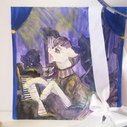 Size: 2400x2400 | Tagged: artist needed, dead source, safe, coloratura, pony, g4, the mane attraction, bow, clothes, dress, glowing cutie mark, harp, high res, musical instrument, photo, piano, playing instrument, silhouette, singing, solo, the magic inside, traditional art