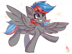 Size: 1600x1200 | Tagged: safe, artist:falafeljake, oc, oc only, pegasus, pony, blushing, chest fluff, ear fluff, eyebrows, eyebrows visible through hair, grin, happy, pegasus oc, raised hoof, raised leg, signature, simple background, smiling, solo, spread wings, white background, wings
