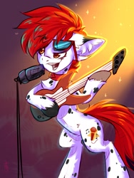 Size: 1200x1600 | Tagged: safe, artist:falafeljake, oc, oc only, oc:cobalt, earth pony, pony, bipedal, commission, earth pony oc, eyebrows, eyebrows visible through hair, glasses, guitar, male, microphone, musical instrument, open mouth, signature, solo, stallion