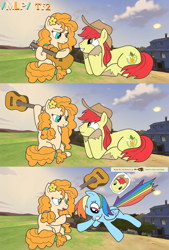 Size: 1360x2013 | Tagged: safe, bright mac, pear butter, rainbow dash, earth pony, pegasus, pony, g4, /mlp/ tf2 general, 3 panel comic, comic, engineer, engineer (tf2), guitar, hat, killfeed, marevest, musical instrument, prank, spy, spy (tf2), team fortress 2, text