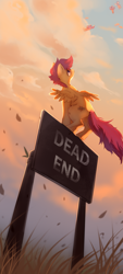 Size: 2160x4800 | Tagged: safe, artist:mraiden8, scootaloo, pegasus, pony, g4, background pony, backlighting, bandaid, blank flank, cloud, dead end, eyes closed, female, filly, flying, foal, grass, high res, looking up, open mouth, open smile, outdoors, perching, scar, scootaloo can't fly, sign, sky, smiley face, smiling, solo focus, spread wings, wings