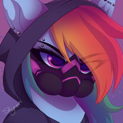 Size: 2000x2000 | Tagged: safe, artist:skyboundsiren, rainbow dash, pegasus, pony, g4, angry, clothes, ear piercing, eyebrow piercing, female, gas mask, gradient mane, high res, hoodie, industrial piercing, mare, mask, piercing, solo