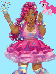 Size: 750x1000 | Tagged: safe, artist:mariam246810, pinkie pie, earth pony, human, pony, g4, alternate hairstyle, blue background, blushing, bow, bracelet, clothes, dark skin, deviantart watermark, ear piercing, earring, female, hair bow, humanized, jewelry, mare, nail polish, necklace, obtrusive watermark, one eye closed, party popper, piercing, simple background, skirt, socks, solo, striped socks, tank top, vest, watermark, wink