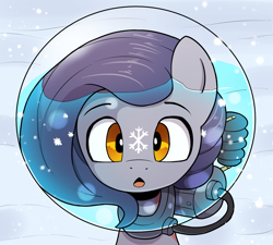 Size: 1332x1200 | Tagged: safe, artist:ahobobo, oc, oc only, oc:bluegill brine, pony, seapony (g4), bust, cute, fanfic art, female, fish bowl, helmet, looking up, mare, ocbetes, open mouth, portrait, snow, snowflake, solo, water