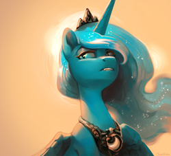 Size: 2310x2100 | Tagged: safe, artist:jewellier, princess luna, alicorn, pony, g4, blue eyes, blue mane, crown, ethereal mane, eyeshadow, fangs, feather, female, flowing mane, high res, horn, jewelry, limited palette, looking away, makeup, mare, open mouth, orange background, peytral, regalia, signature, simple background, slit pupils, solo, starry mane, teeth, wings