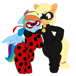 Size: 3583x3554 | Tagged: safe, artist:pabbley, color edit, edit, applejack, rainbow dash, earth pony, pegasus, pony, semi-anthro, g4, angry, arm hooves, bipedal, chat noir, clothes, colored, cosplay, costume, duo, female, floppy ears, freckles, grin, high res, hoof on shoulder, human shoulders, ladybug (miraculous ladybug), mare, miraculous ladybug, rainbow dash is not amused, simple background, smiling, unamused, white background