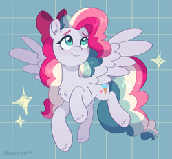 Size: 2351x2166 | Tagged: safe, artist:skysorbett, oc, oc only, oc:sky sorbet, pegasus, pony, bow, female, hair bow, high res, mare, multicolored hair, multicolored mane, pegasus oc, simple background, smiling, solo, sparkles, spread wings, wings