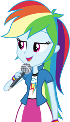 Size: 3000x5224 | Tagged: safe, artist:cloudy glow, rainbow dash, human, equestria girls, g4, my little pony equestria girls: friendship games, .ai available, clothes, collar, female, hair, holding, microphone, shirt, simple background, skirt, smiling, smug, solo, t-shirt, talking, teenager, transparent background, vector, wristband