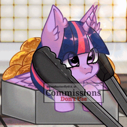Size: 600x600 | Tagged: safe, artist:rosebutterfly014, twilight sparkle, alicorn, pony, g4, animated, blinking, commission, cute, food, glowing, glowing horn, horn, obtrusive watermark, pliers, solo, tiny, tiny ponies, tongs, twiabetes, twilight sparkle (alicorn), watermark, ych result