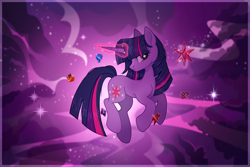 Size: 6000x4000 | Tagged: safe, artist:cursed soul, twilight sparkle, pony, unicorn, g4, absurd resolution, aside glance, atmosphere, element of generosity, element of honesty, element of kindness, element of laughter, element of loyalty, element of magic, elements of harmony, emotions, female, glowing, glowing horn, horn, looking at you, magic, magic aura, mare, midair, signature, solo, sparkles, sparkly eyes, turned head, unicorn twilight, wingding eyes