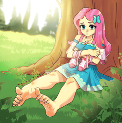 Size: 3036x3054 | Tagged: safe, artist:dalsegno, fluttershy, human, equestria girls, g4, barefoot, feet, female, fetish, fluttershy boho dress, foot fetish, foot focus, footprint, grass, high res, holding shoes, lace sandals, nail polish, nervous, sandals, shoes removed, sitting, soles, solo, toenail polish, tree, wiggling toes