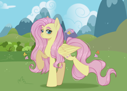 Size: 3156x2272 | Tagged: safe, artist:cursed soul, fluttershy, butterfly, pegasus, pony, g4, cloud, colored eyebrows, cute, eyebrows, female, folded wings, grass, high res, looking at you, mare, mountain, outdoors, raised hoof, raised leg, shyabetes, sky, solo, standing, tree, wings