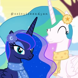 Size: 1072x1072 | Tagged: safe, artist:thesunalicorn, princess celestia, princess luna, alicorn, pony, g4, clothes, duo, duo female, earmuffs, ethereal mane, eyes closed, eyeshadow, female, makeup, mare, royal sisters, scarf, show accurate, siblings, signature, sisters, snow, winter, yellow sky