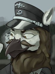Size: 2184x2940 | Tagged: safe, artist:fly over, oc, griffon, equestria at war mod, beard, bust, cap, clothes, facial hair, fog, griffon oc, hat, high res, looking away, male, moustache, portrait, smiling, smirk, uniform