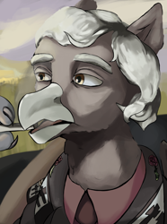 Size: 2340x3150 | Tagged: safe, artist:fly over, oc, griffon, equestria at war mod, bust, cigarette, claw, clothes, flower, griffon oc, high res, male, necktie, portrait, rose, smoking, suit, tired, uniform, white hair