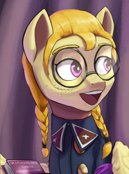 Size: 2184x2940 | Tagged: safe, artist:fly over, oc, pegasus, pony, equestria at war mod, book, braid, bust, cute, female, freckles, glasses, high res, looking away, mare, poggers, pony oc, portrait, smiling