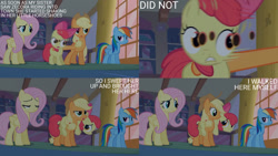 Size: 1280x720 | Tagged: safe, edit, edited screencap, editor:quoterific, screencap, apple bloom, applejack, fluttershy, rainbow dash, earth pony, pegasus, pony, bridle gossip, g4, great moments in animation, sugarcube corner