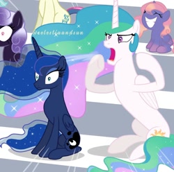 Size: 1080x1072 | Tagged: safe, alternate version, artist:thesunalicorn, bon bon, princess celestia, princess luna, sweetie drops, oc, oc:night sky, oc:princess ivy, alicorn, earth pony, pony, 2 4 6 greaaat, g4, alicorn oc, alternate versions at source, angry, concave belly, earth pony oc, ethereal mane, eyeshadow, female, filly, foal, folded wings, height difference, horn, makeup, mare, parent:oc:lilac moon rose, parent:princess luna, royal sisters, siblings, signature, sisters, sitting, slender, thin, wings, yelling