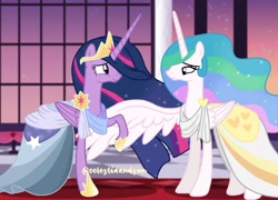 Size: 1080x779 | Tagged: safe, artist:thesunalicorn, princess celestia, twilight sparkle, alicorn, pony, g4, the last problem, ballroom, clothes, dress, duo, duo female, female, folded wings, greeting, horn, large wings, long horn, mare, older, older twilight, older twilight sparkle (alicorn), one wing out, princess twilight 2.0, raised hoof, reaching, signature, stars, sunset, tall, twilight sparkle (alicorn), window, wings