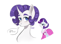 Size: 2000x1440 | Tagged: safe, artist:cursed soul, rarity, pony, unicorn, g4, alternate hairstyle, bust, clothes, curved horn, cute, dialogue, dress, female, hmm, horn, looking at you, mare, portrait, screencap reference, simple background, sketch, solo, speech bubble, three quarter view, white background