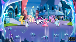 Size: 2560x1440 | Tagged: safe, gameloft, applejack, fluttershy, pinkie pie, rainbow dash, rarity, twilight sparkle, alicorn, crystal pony, earth pony, pegasus, pony, unicorn, g4, my little pony: magic princess, official, crystal empire, crystallized, female, mane six, mare, my little pony logo, twilight sparkle (alicorn), video game, youtube banner