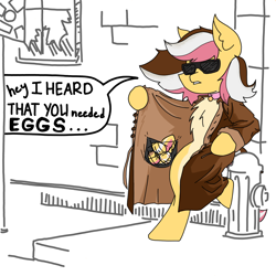 Size: 3508x3508 | Tagged: safe, artist:ponny, oc, oc only, oc:neapolitan sunrise, pegasus, pony, clothes, coat, colored, egg, high res, simple background, solo, speech bubble, sunglasses, text, white background