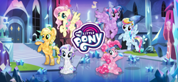 Size: 1666x768 | Tagged: safe, gameloft, applejack, fluttershy, pinkie pie, rainbow dash, rarity, twilight sparkle, alicorn, crystal pony, earth pony, pegasus, pony, unicorn, g4, my little pony: magic princess, official, crystal empire, crystallized, female, loading screen, mane six, mare, my little pony logo, twilight sparkle (alicorn), video game