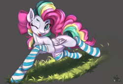 Size: 3000x2048 | Tagged: safe, artist:kirby_orange, derpibooru exclusive, edit, oc, oc only, oc:sky sorbet, original species, pegasus, pony, blinking, bow, chest fluff, clothes, cute, female, hair bow, happy, high res, multicolored hair, multicolored mane, running, socks, solo, striped socks, thigh highs, tongue out, wings