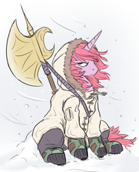 Size: 1647x2039 | Tagged: artist needed, safe, oc, oc only, pony, unicorn, axe, snow, solo, weapon