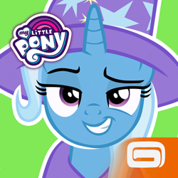 Size: 512x512 | Tagged: safe, gameloft, trixie, pony, unicorn, g4, my little pony: magic princess, official, app icon, clothes, dreamworks face, female, gameloft logo, green background, hat, mare, my little pony logo, simple background, solo, trixie's hat, video game