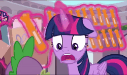 Size: 610x360 | Tagged: safe, screencap, spike, twilight sparkle, alicorn, dragon, pony, g4, uprooted, animated, duo, duo female, female, food, highlighter, male, mare, marker, note, notepad, orange, panicking, scissors, sound, twilight sparkle (alicorn), twilighting, webm, youtube link