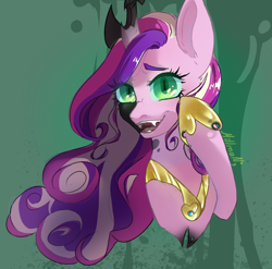 Size: 2360x2328 | Tagged: source needed, safe, artist:millman;, princess cadance, queen chrysalis, changeling, changeling queen, g4, bust, fake cadance, fangs, female, high res, portrait, solo