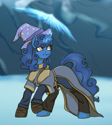 Size: 699x779 | Tagged: safe, artist:jjsh, oc, oc only, oc:nighttime wishes, pony, unicorn, elder scrolls, female, hat, leg wraps, mage, magic, mare, skyrim, snow, the elder scrolls, wizard hat