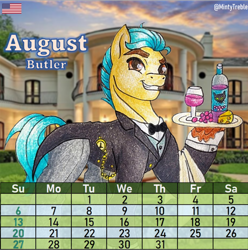 Size: 976x982 | Tagged: safe, artist:mintytreble, hitch trailblazer, earth pony, pony, g5, alcohol, bottle, butler, calendar, cheese, clock, clothed ponies, clothes, food, formal wear, glass, grapes, male, solo, stallion, traditional art, wine, wine bottle, wine glass