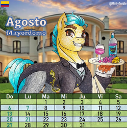 Size: 978x981 | Tagged: safe, alternate version, artist:mintytreble, hitch trailblazer, earth pony, pony, g5, alcohol, alternate versions at source, bottle, butler, calendar, cheese, clock, clothed ponies, clothes, food, formal wear, glass, grapes, male, solo, spanish, stallion, traditional art, wine, wine bottle, wine glass