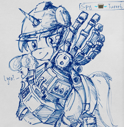 Size: 1321x1340 | Tagged: safe, artist:uteuk, bon bon, lyra heartstrings, sweetie drops, earth pony, pony, unicorn, g4, duo, engineer, engineer (tf2), female, hand, mare, monochrome, robotic arm, sketch, solo focus, team fortress 2