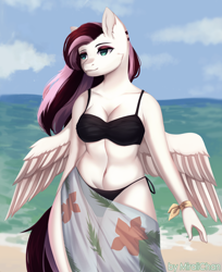 Size: 2000x2449 | Tagged: safe, artist:miralichan, oc, pegasus, anthro, beach, black bikini, black swimsuit, breasts, brown hair, brown tail, cleavage, clothes, green eyes, high res, legs together, ocean, outdoors, partially open wings, pegasus oc, pink hair, solo, summer, swimsuit, tail, water, wings