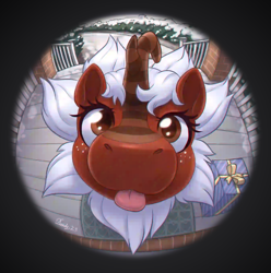 Size: 2692x2718 | Tagged: safe, artist:dandy, oc, oc only, oc:maple cakes, kirin, :p, artfight, doorway, female, fisheye lens, high res, horn, kirin oc, looking at you, present, snoot, snow, solo, tongue out, vignette