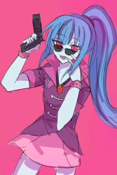 Size: 1200x1800 | Tagged: safe, artist:yarderrr0, sonata dusk, human, equestria girls, g4, clothes, female, gem, gun, handgun, open mouth, pink background, pistol, shirt, simple background, siren gem, skirt, solo, spiked wristband, sunglasses, wristband