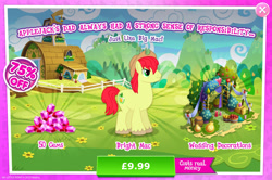 Size: 1960x1302 | Tagged: safe, gameloft, bright mac, earth pony, pony, g4, my little pony: magic princess, official, advertisement, apple, apple tree, barrel, bush, candle, costs real money, cowboy hat, english, food, gem, hat, hay bale, implied applejack, implied big macintosh, introduction card, male, mobile game, numbers, pear, pear tree, sale, solo, stallion, text, tree, unshorn fetlocks